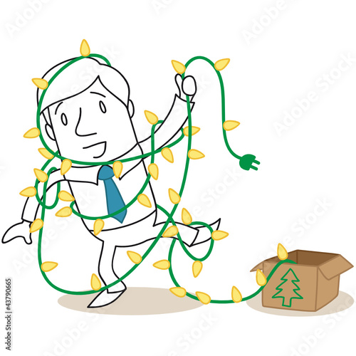 Geschäftsmann, Lichterkette, chaotische Weihnachtsvorbereitungen