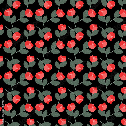 Red and green floral pattern on black background