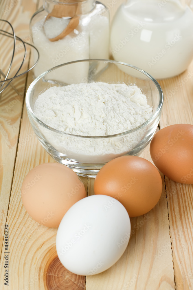 Basic ingredients for dough. Milk, eggs and flour. Basic ingredients for dough. Milk, eggs and flour.