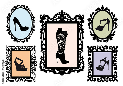 shoe silhouettes in antique frames, vector set