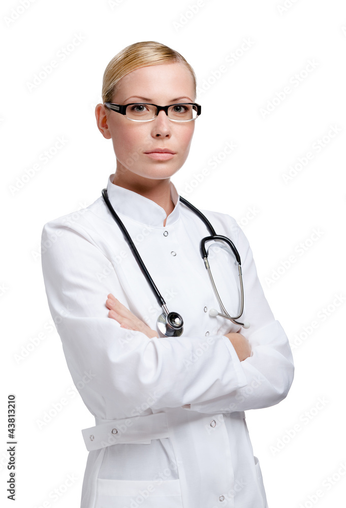 Serious lady doctor with stethoscope, isolated on white Serious lady doctor with stethoscope, isolated on white