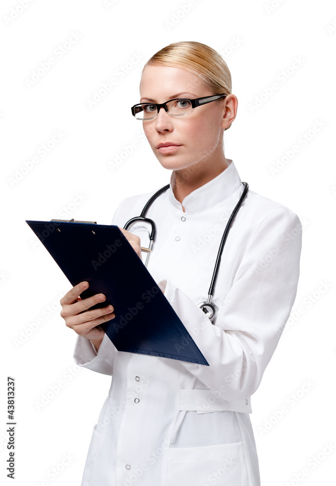 Female practitioner writes in her notebook, isolated on white Female practitioner writes in her notebook, isolated on white