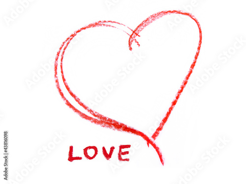 red crayon heart contour and the word LOVE