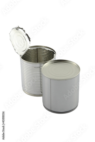 Opened behind closed tin can on white background.