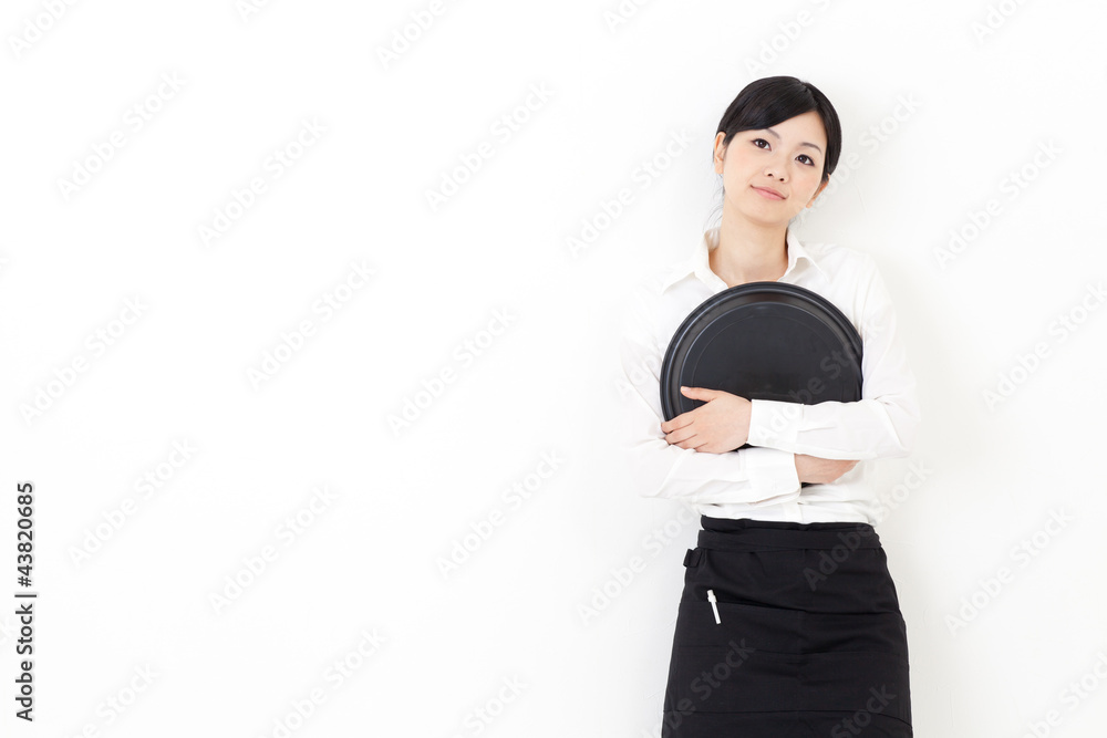 a portrait of asian waitress relaxing on white background a portrait of asian waitress relaxing on white background