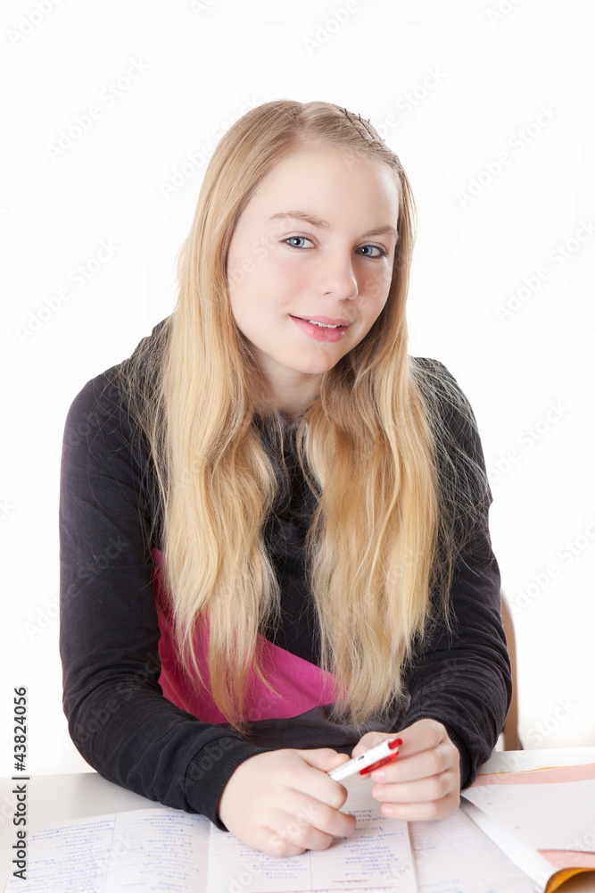 Mädchen Blond bei Hausaufgaben spass Mädchen Blond bei Hausaufgaben spass