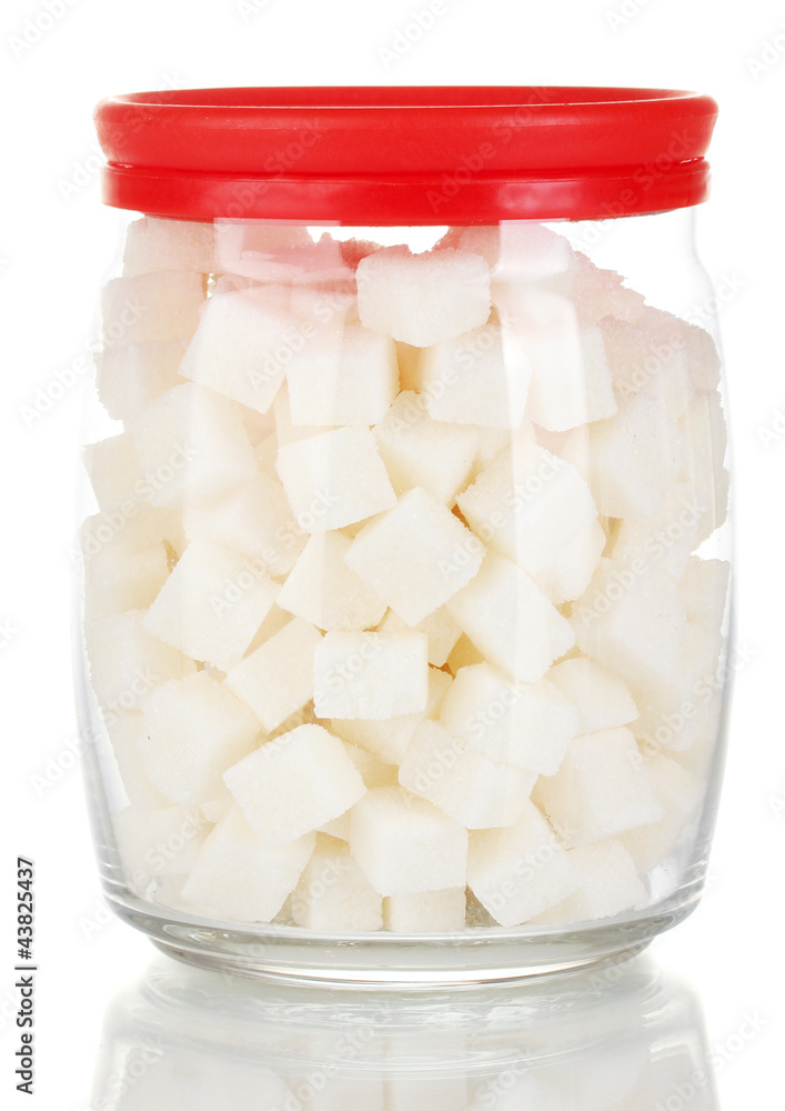 Jar with a white lump sugar isolated on white Jar with a white lump sugar isolated on white