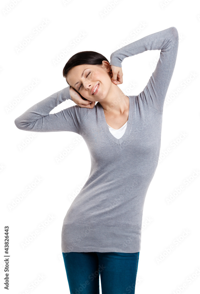 Attractive woman stretches herself, isolated on white Attractive woman stretches herself, isolated on white