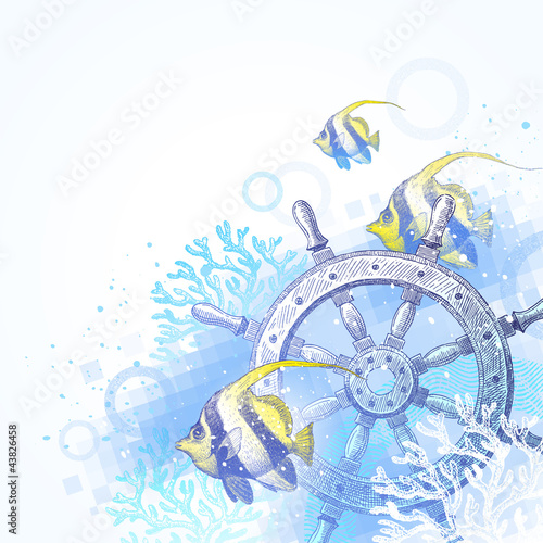 Hand drawn ship steering wheel, corals and tropical fishes