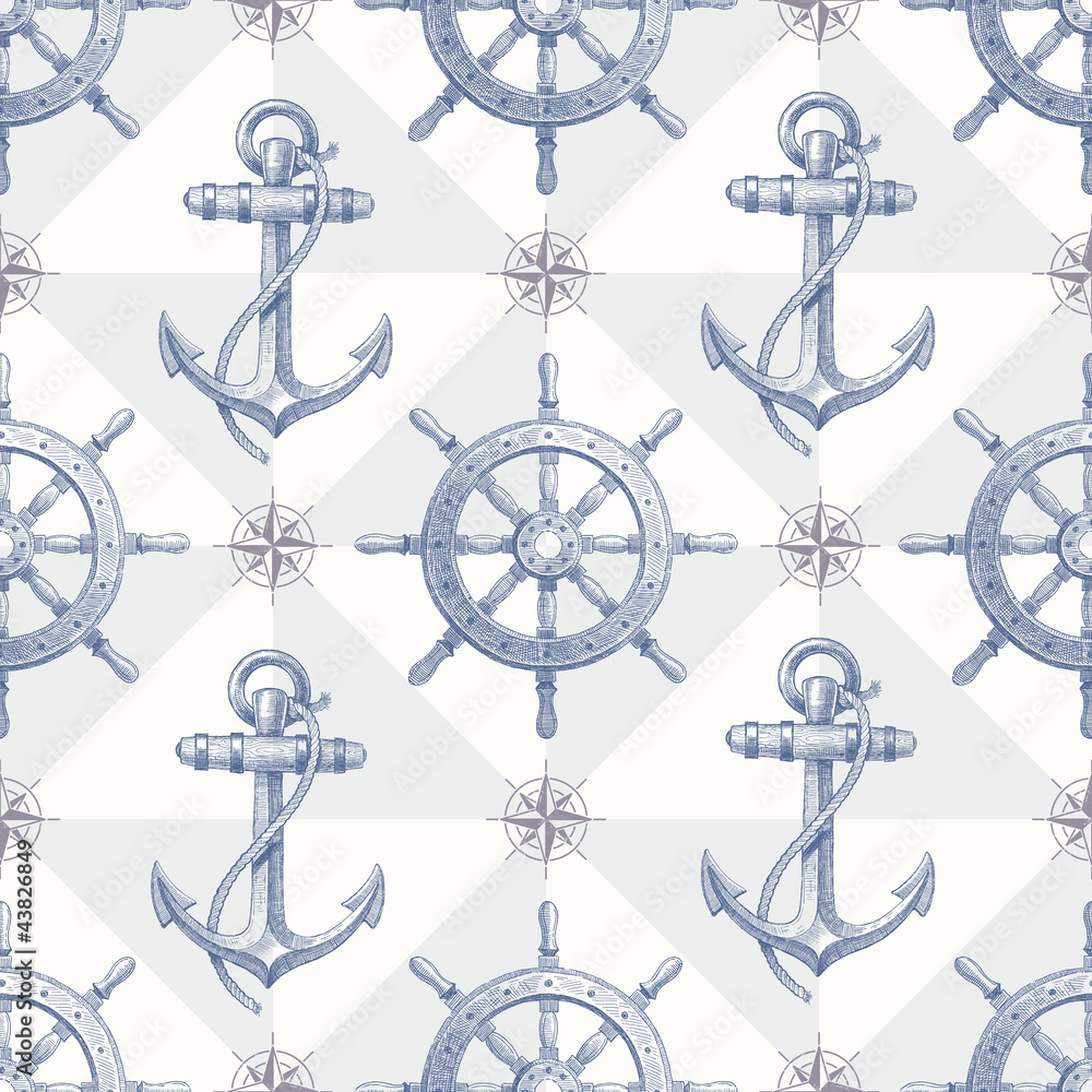 Naklejka premium Seamless nautical background with hand drawn elements