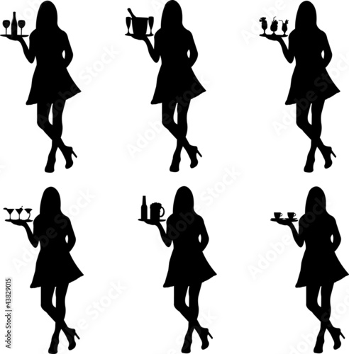 Beautiful waitress standing and holding different drinks