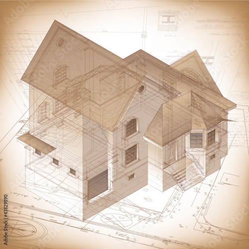 Architectural background with a 3D building model
