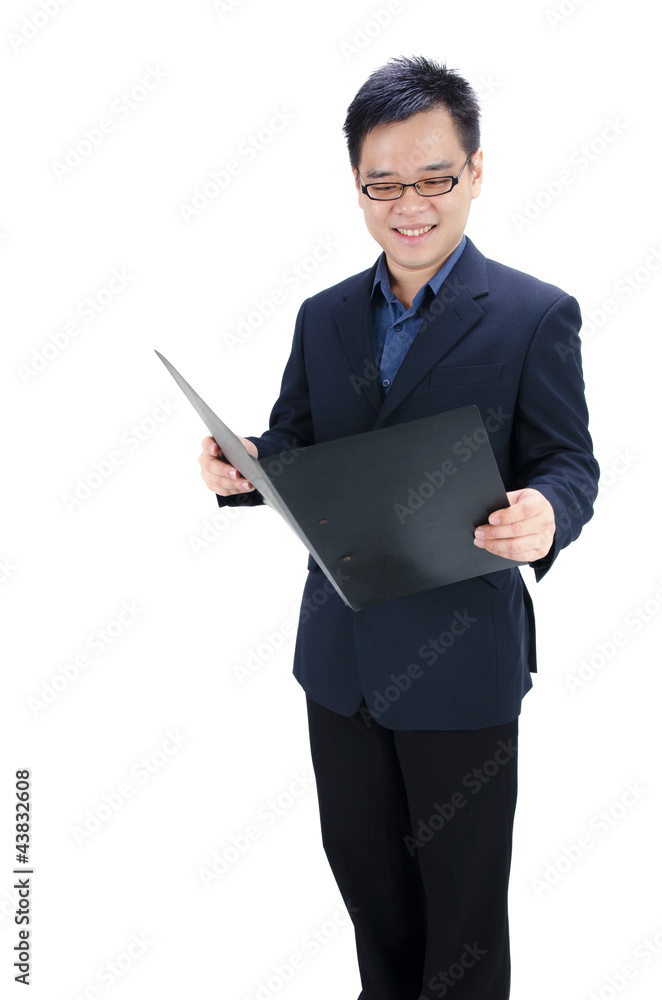 Asian businessman holding a folder. Isolated on white background Asian businessman holding a folder. Isolated on white background