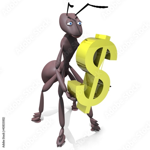 3D rendered ant figure holding dollar sign