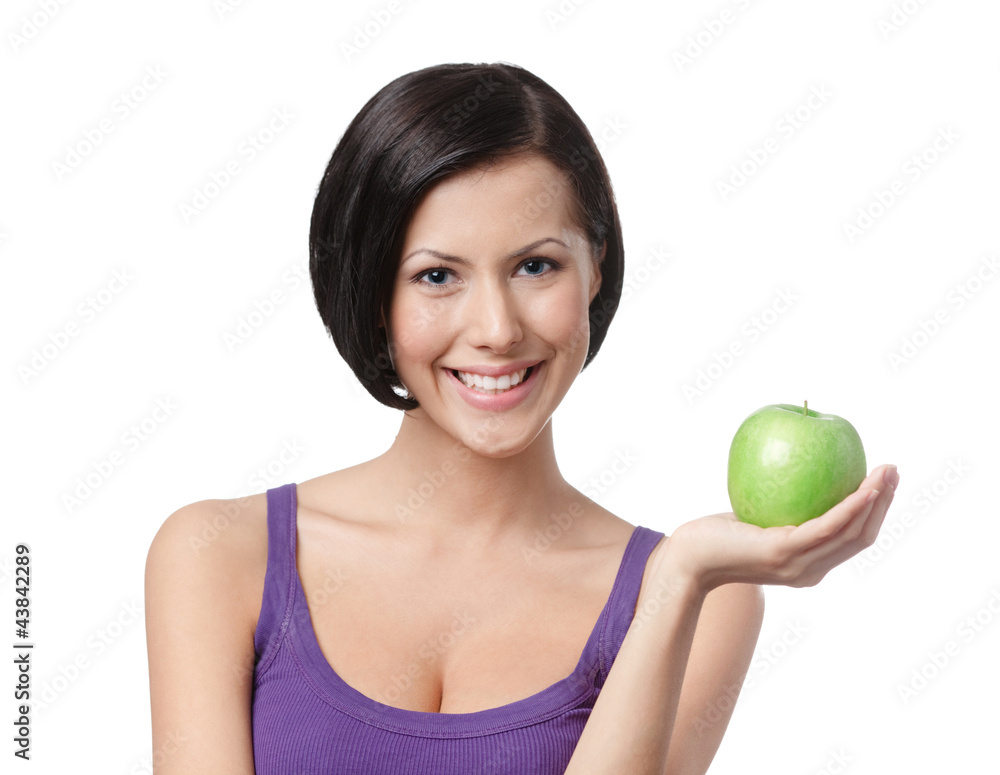 Pretty young lady with green apple, isolated, white background Pretty young lady with green apple, isolated, white background