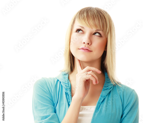 A thinking woman , isolated on white background