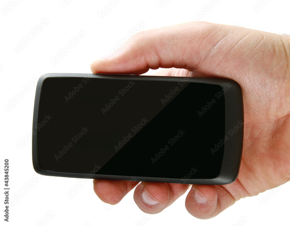Hand with phone, isolated on white background