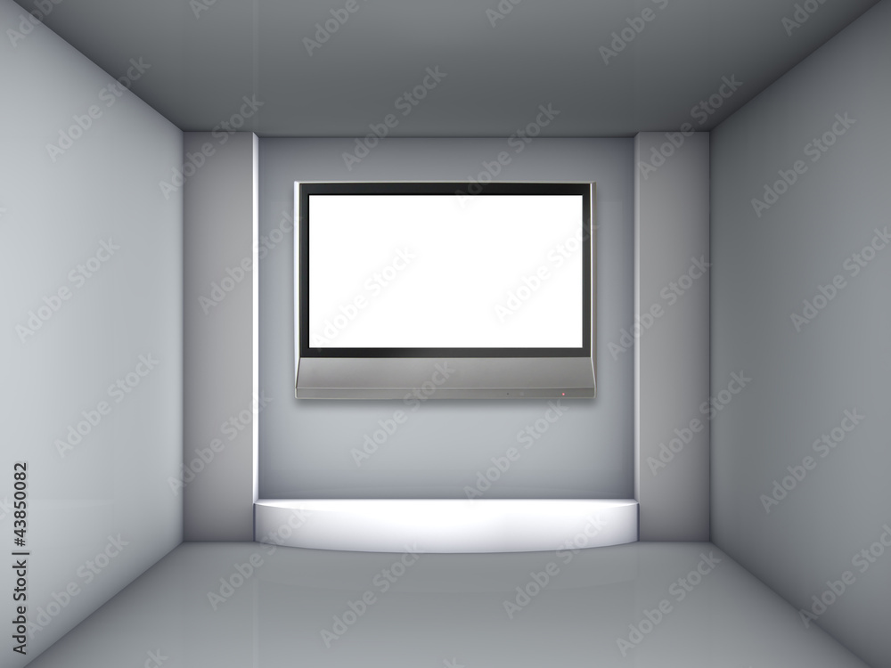 3d podium and lcd tv for exhibit in the grey interior 3d podium and lcd tv for exhibit in the grey interior