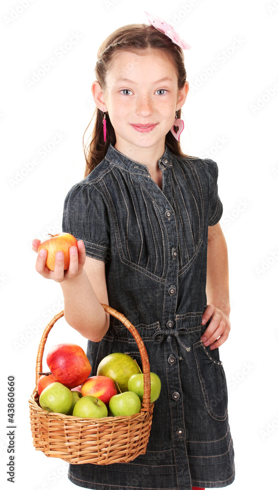 beautiful little girl holding basket of apples isolated on beautiful little girl holding basket of apples isolated on
