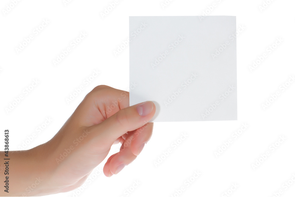 Paper card in woman hand isolated on white background Paper card in woman hand isolated on white background