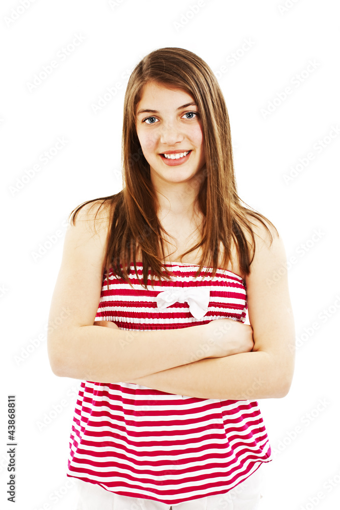 Portrait of attractive smile teenage girl folded hand