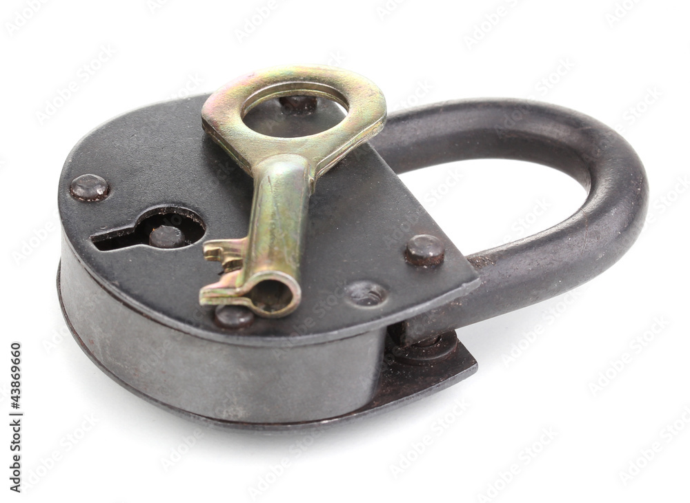 Retro padlock with key isolated on white Retro padlock with key isolated on white
