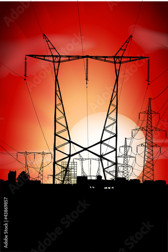 High-voltage line on a sunset