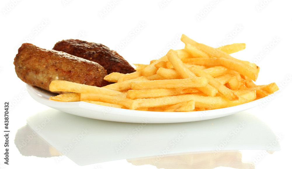 Potatoes fries with burgers in the plate isolated Potatoes fries with burgers in the plate isolated