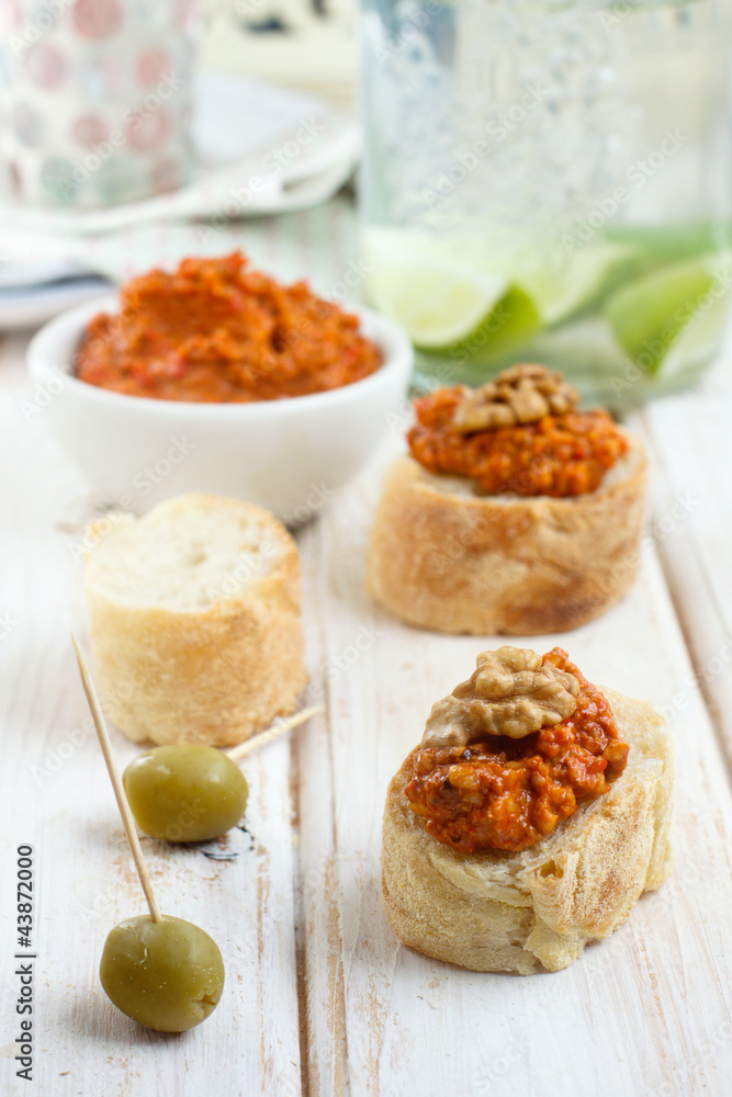 Baked peppers sauce and french baguette bread