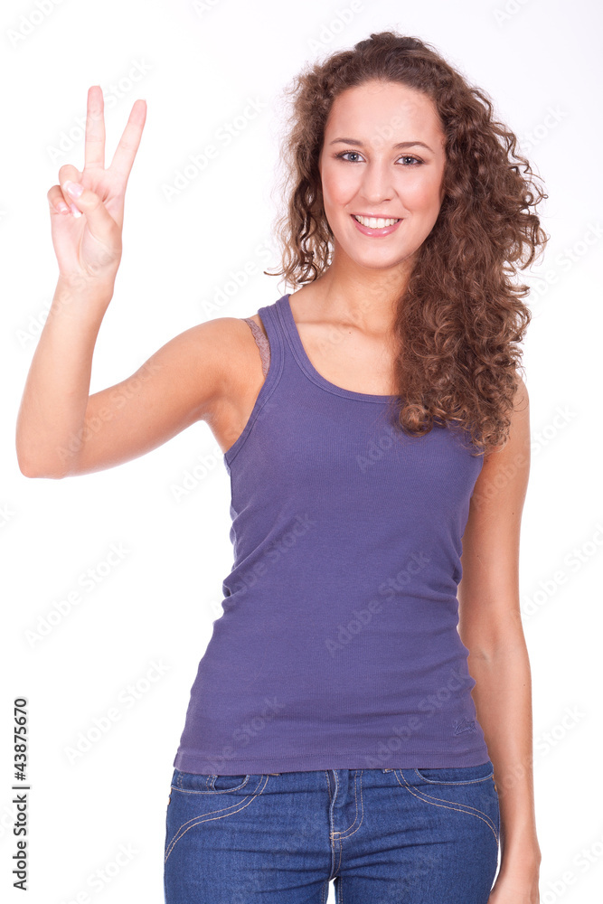woman doing victory sign woman doing victory sign