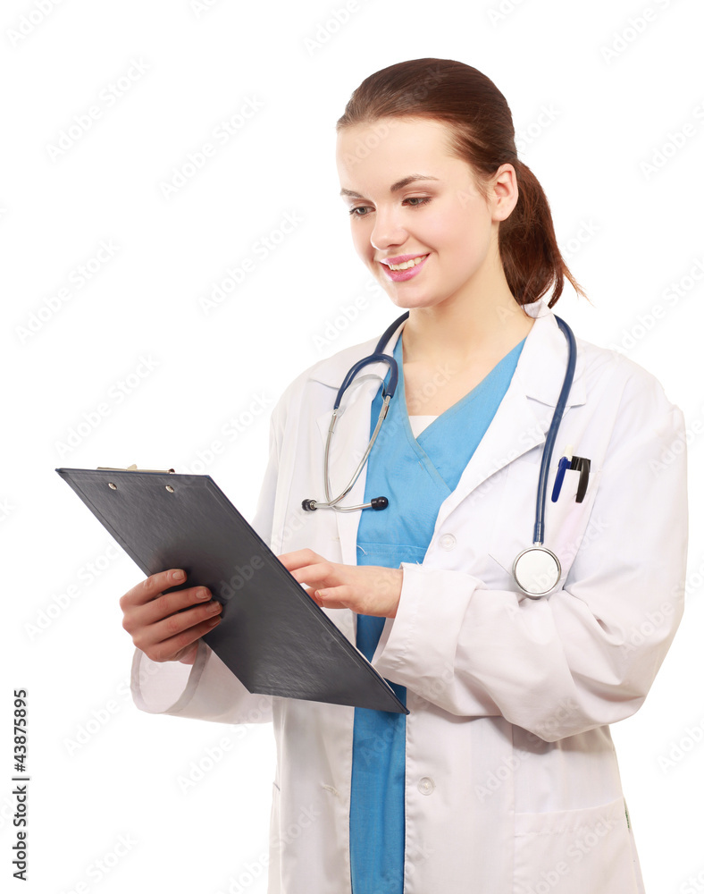 A female doctor with a folder , isolated on white background