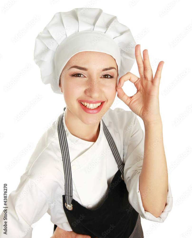 Attractive cook woman showing ok over white background Attractive cook woman showing ok over white background