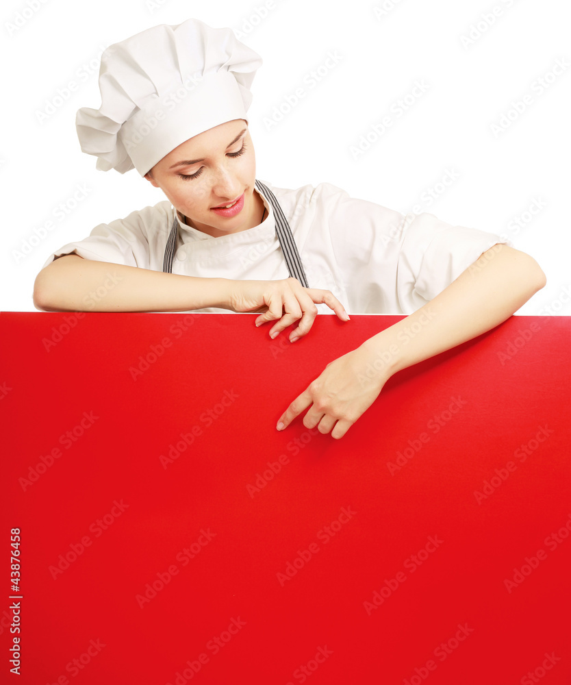 Happy woman cook or baker holding over paper sign billboard. Happy woman cook or baker holding over paper sign billboard.