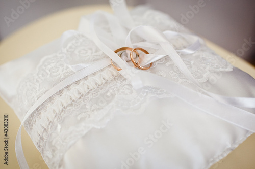 gold wedding rings on the white pincushion