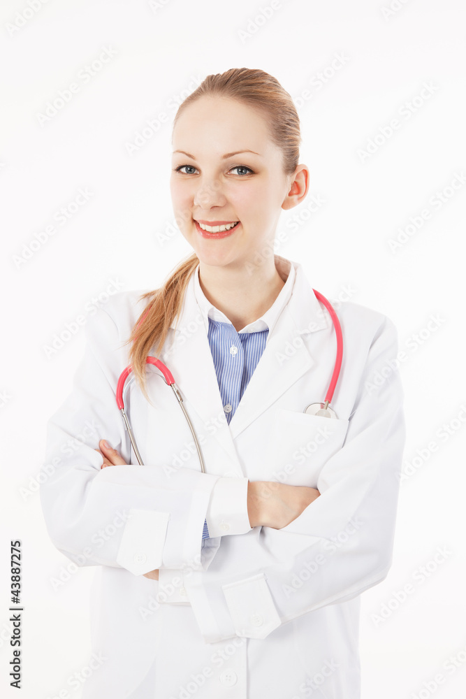 Medical caucasian woman with arms folded Medical caucasian woman with arms folded