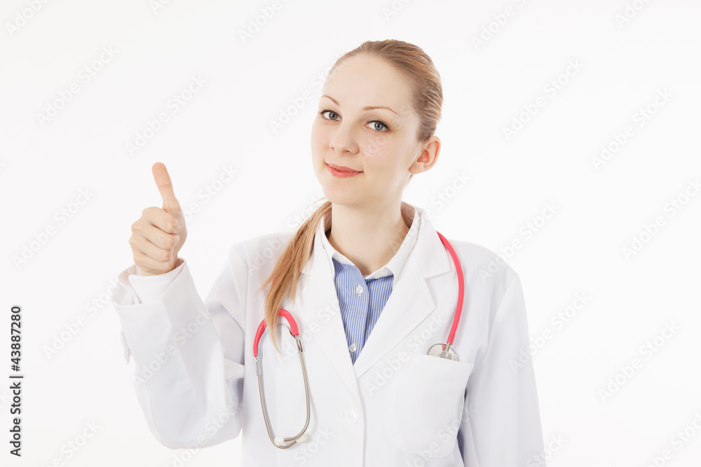 Medical caucasian woman to make a finger Medical caucasian woman to make a finger