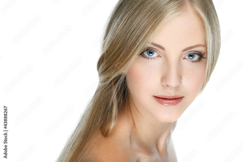 Closeup portrait of young woman with beautiful blue eyes on whit Closeup portrait of young woman with beautiful blue eyes on whit