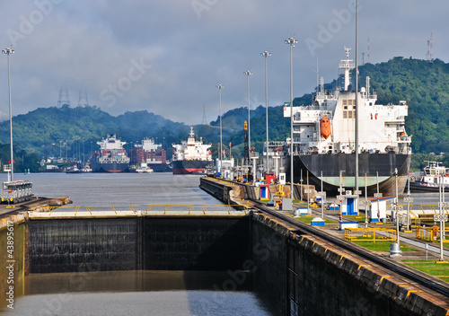 Ship passes through the Panama Channel Locks