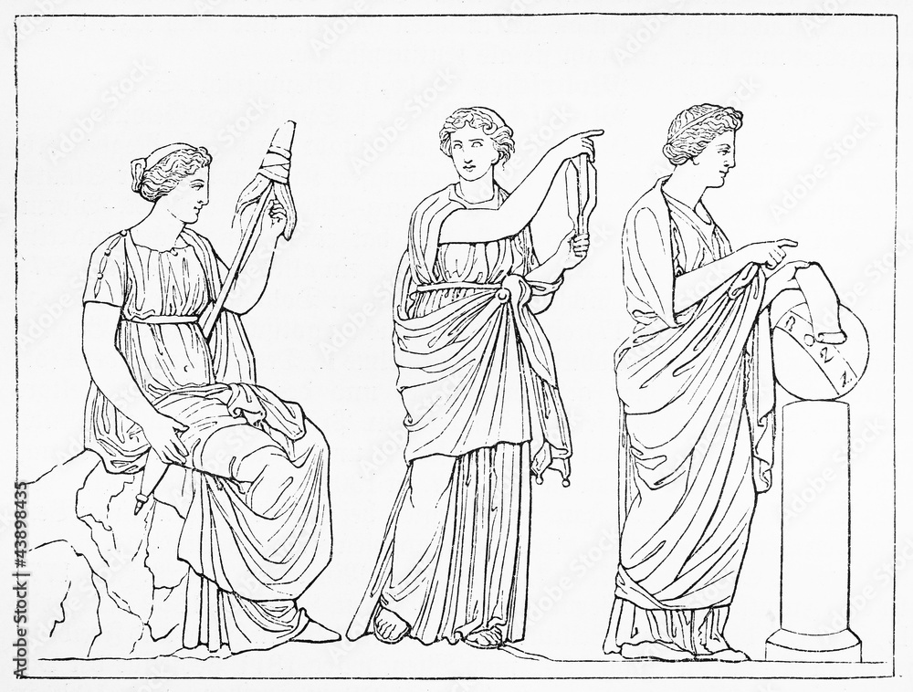 Vintage drawing of The three fates