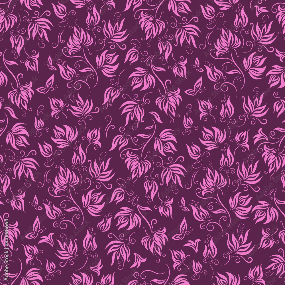 Seamless floral background pattern in purple and pink
