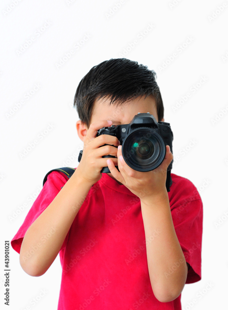 Boy in Red T-Shirt Taking Photo with a Camera Boy in Red T-Shirt Taking Photo with a Camera
