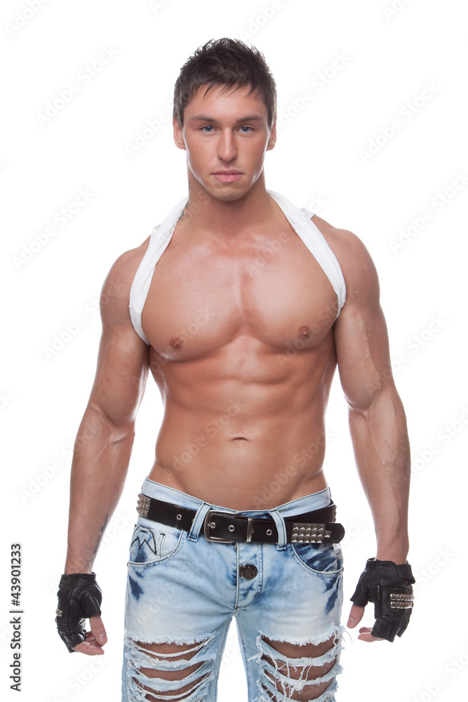 Muscular sexy naked man in blue jeans Stock Photo | Adobe Stock
