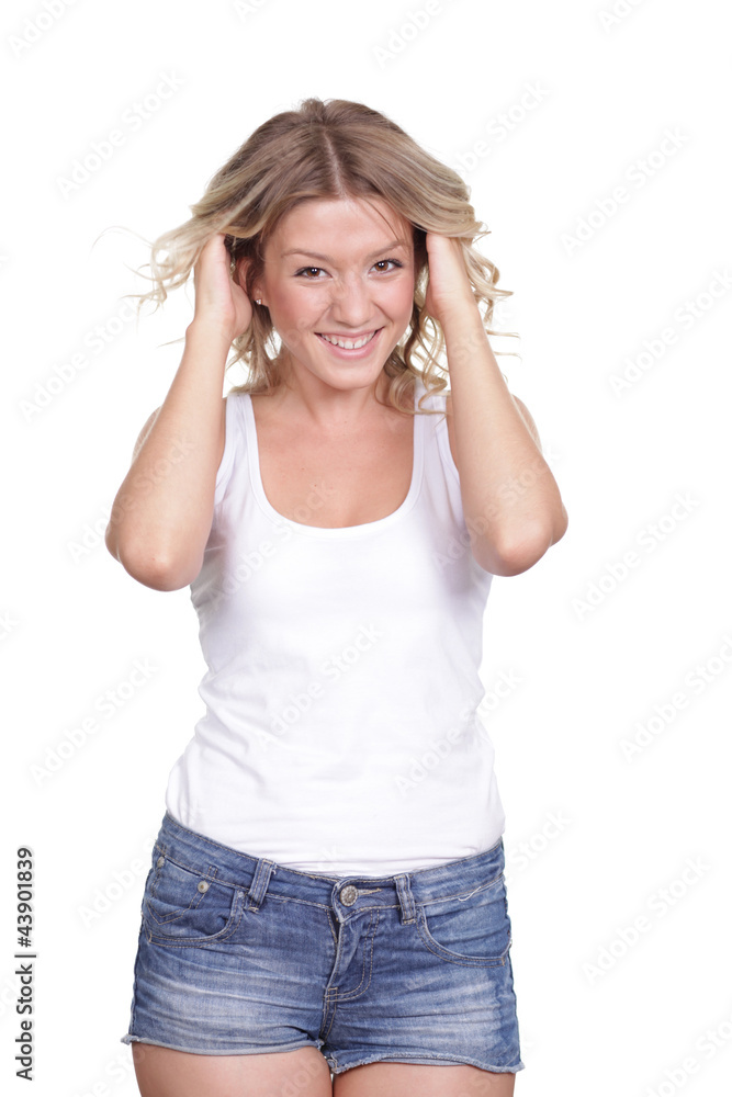 beautiful young woman in blue short beautiful young woman in blue short