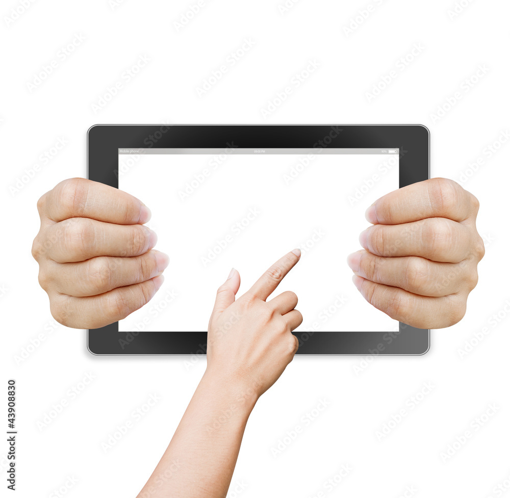 hand of business man holding and touching on touch pad hand of business man holding and touching on touch pad