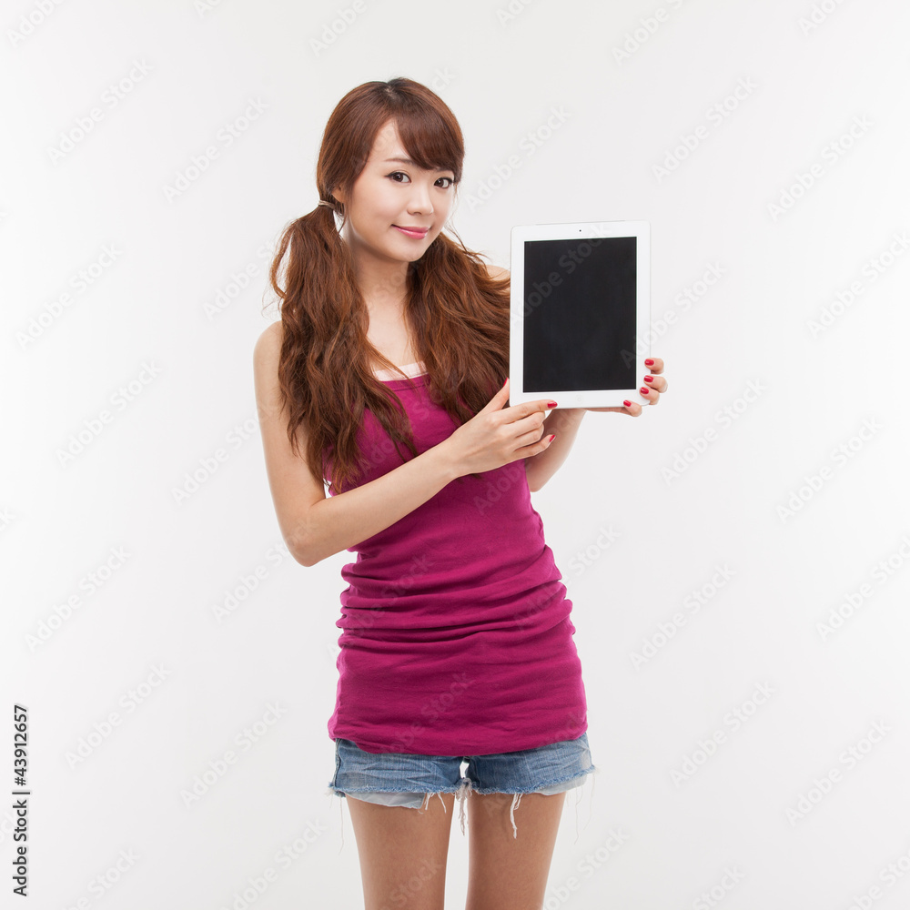 Woman holding tablet computer isolated on white background. Woman holding tablet computer isolated on white background.