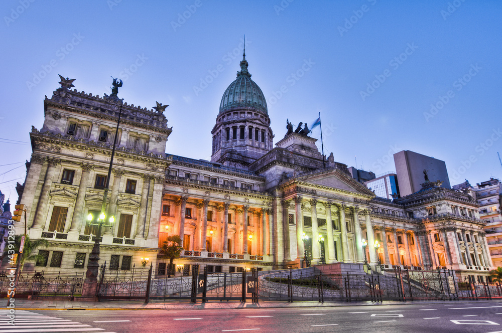 Argentina National Congress building facade on sunset.