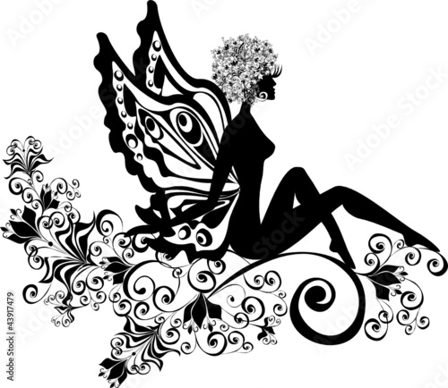 Vector illustration silhouette of fairy on flower