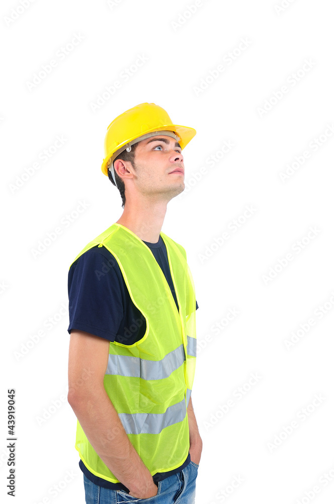 Isolated worker with helmet Isolated worker with helmet