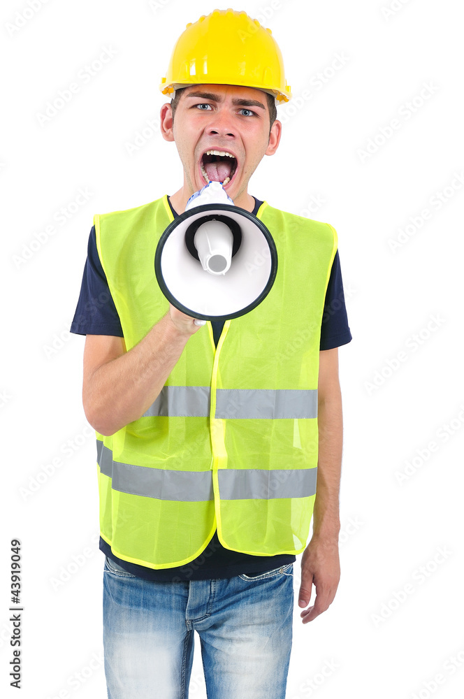Isolated worker with helmet Isolated worker with helmet