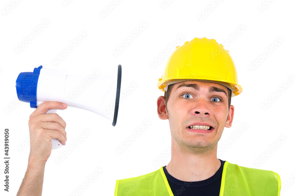 Isolated worker with helmet Isolated worker with helmet